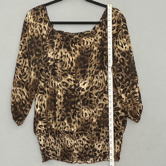 Retro 90s Womens Top L Sheer Leopard Print Off Shoulder Smocked Going Out Party - Picture 8 of 10